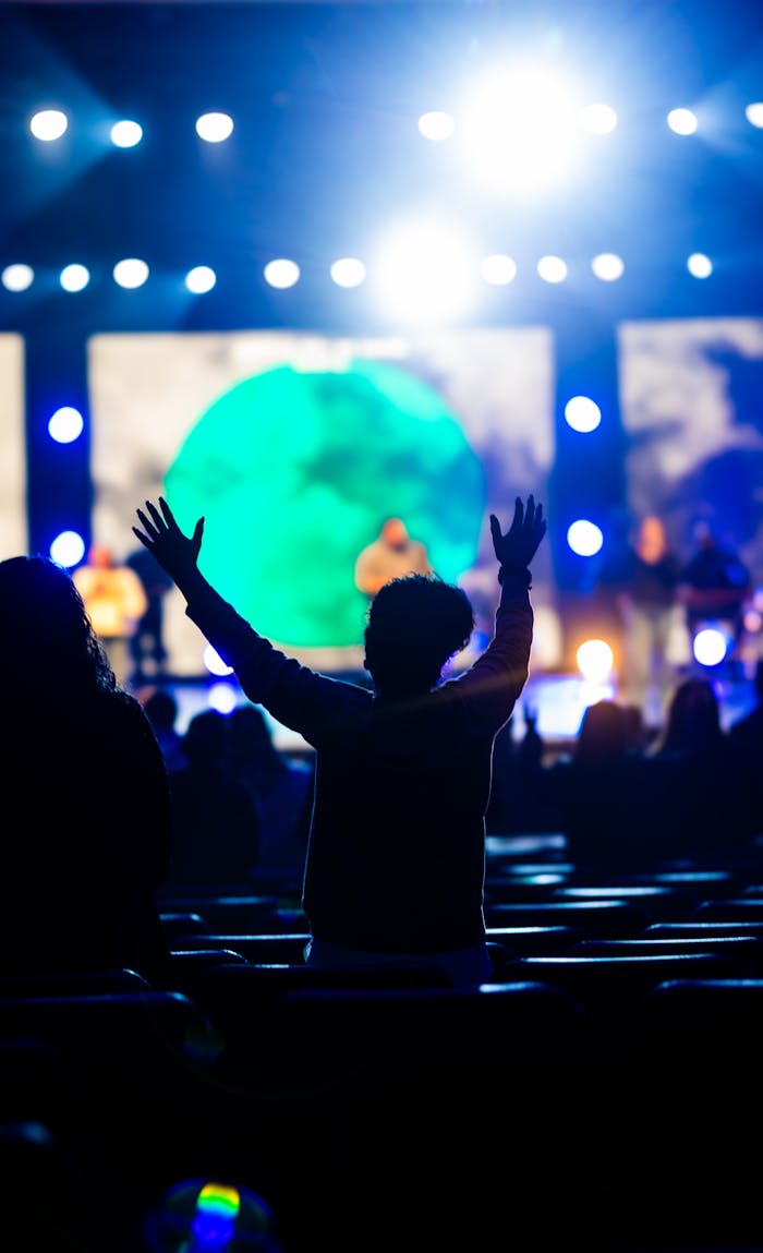 Silhouetted audience member with raised hands at a vibrant concert event.